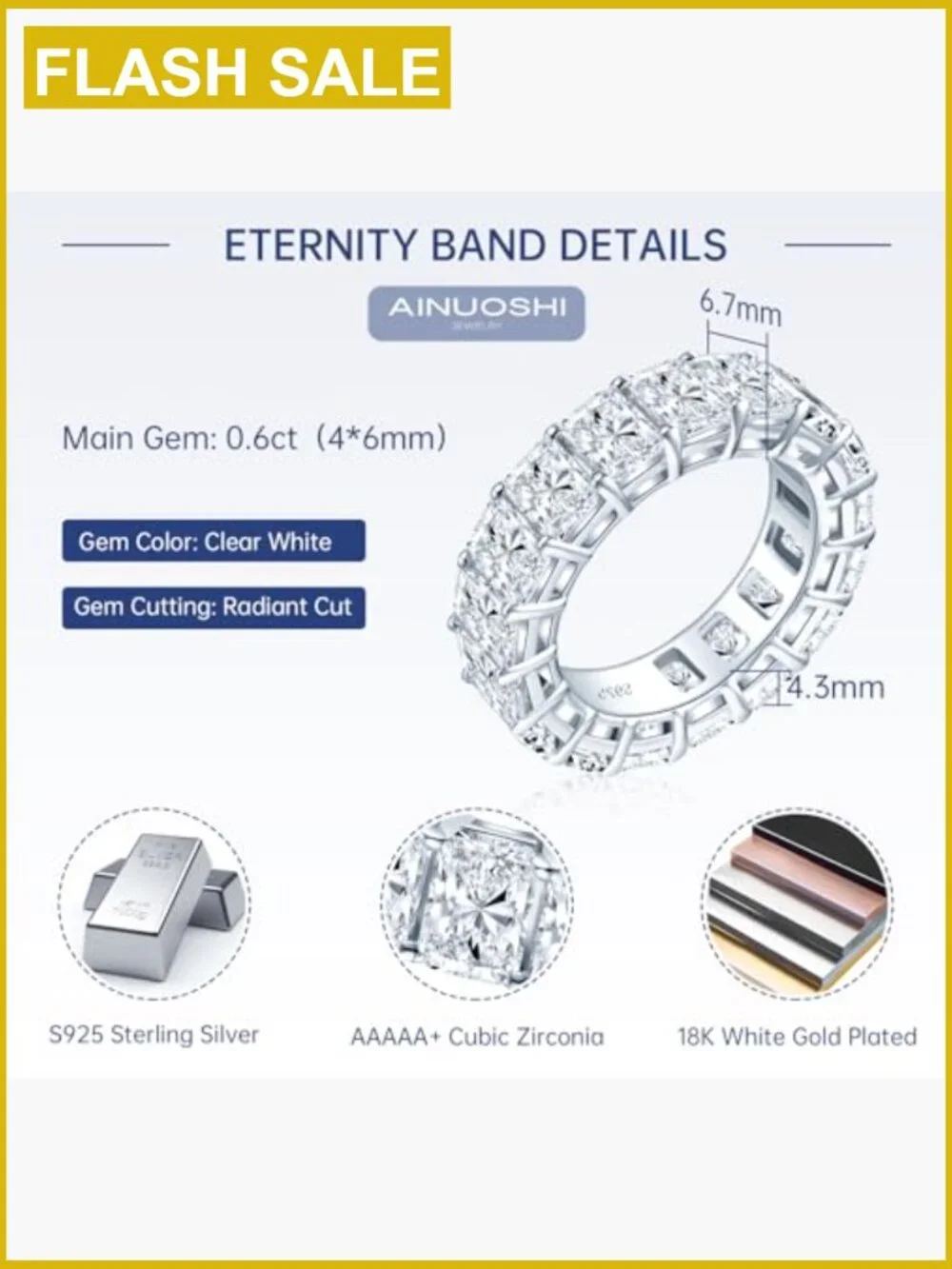 925 Sterling Silver Eternity Ring, Radiant Cut CZ Wedding Band, Stackable Ring